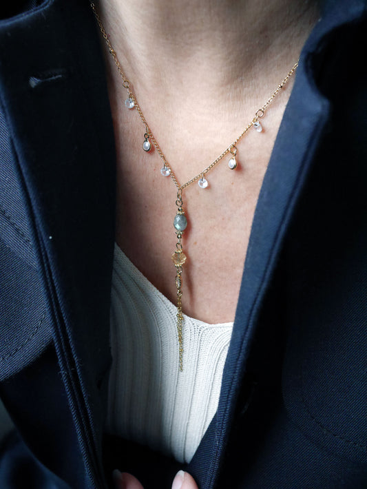 Collier fin pendentif en pierres Labradorite et citrine- L 'éclat doré
