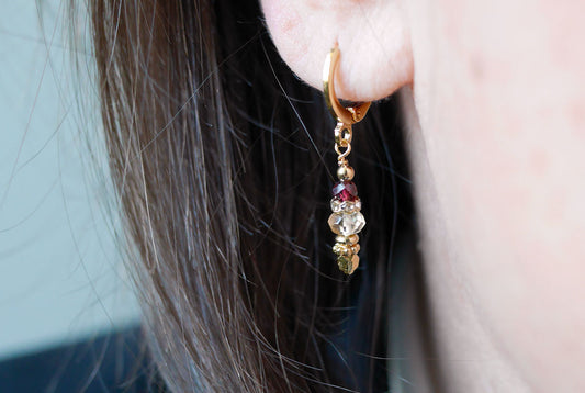 Boucles d'oreilles pendantes pierres naturelles grenat cristal dorure 24k Petite Madame