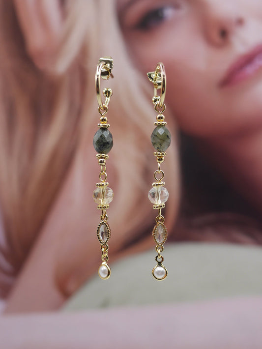 Boucles oreilles pendantes suspension pierres labradorite et citrine